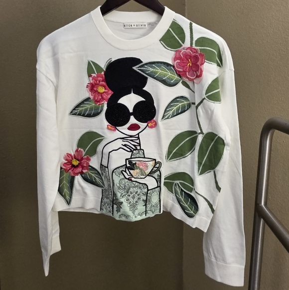 Big Sale! Alice + Olivia Gleeson Embroidered Stretch-cotton Jumper Sweater - Picture 6 of 10